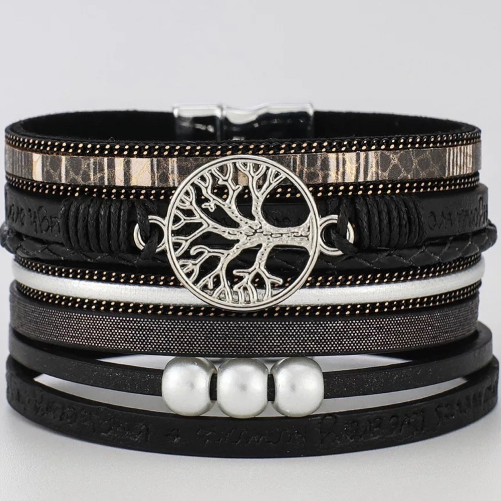 Multilayer Leather Bangle Magnetic‎ Clasp Bracelet for Men or Women 7.5in Black